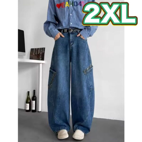 デニムパンツ ワイドパンツ 2XL ライトブルー サイドポケット ストリートカジュアル B系ファッション オルチャン Y2K