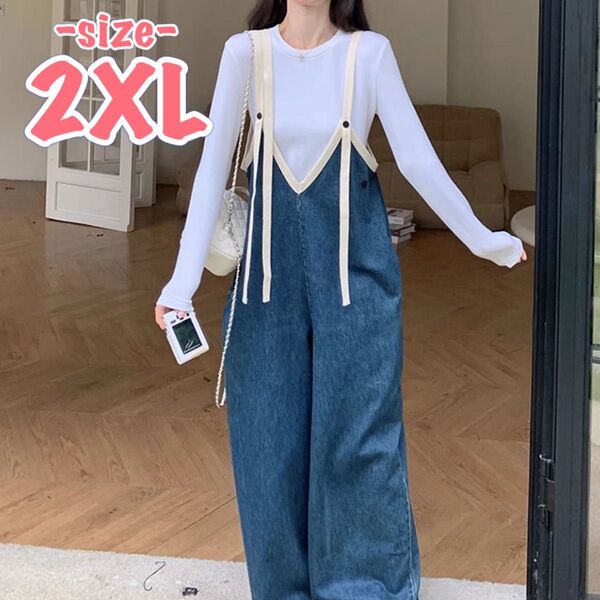 デニムサロペットパンツ オーバーオール ストラップ付き 2XL レディース おしゃれ リラックス 大人可愛い カジュアル