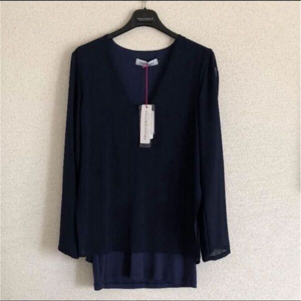 RINASCIMENTO/リナシメント カットソー トップス Vネック プルオーバー ブラウス 紺色 SM 紙タグ無し