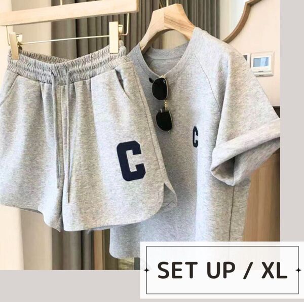 新品 ルームウェア セットアップ 半袖 パジャマ 部屋着 グレー XL レディース 夏 上下セット Tシャツ 可愛い 韓国