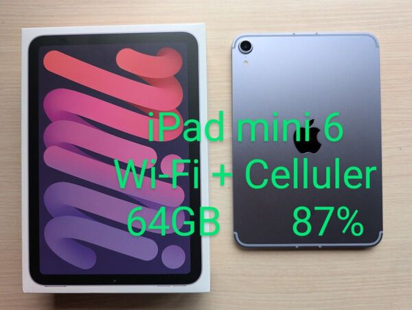 iPad mini 6 Wi-Fi + Cellular 64GB パープル 87% 初期化済 ネットワーク利用制限なし