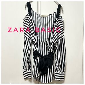 ZARA BASIC ザラベーシック ストライプカットソーリボン付MEX28