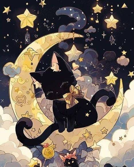 1795 ダイヤモンドアート 黒猫 月 ダイヤモンドアートキット ラウンド