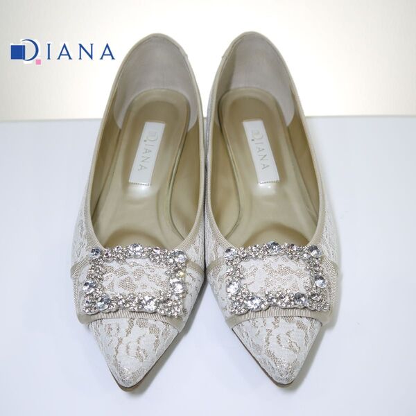 DIANA パンプス プラチナグリッター/アイボリーレース フラットシューズ 金沢限定 24cm