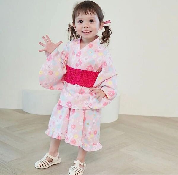 130cm 新品 キッズ浴衣 リボン帯付きワンピース3点セット セパレートタイプで着付け楽チン 夏祭りや花火大会にオススメ