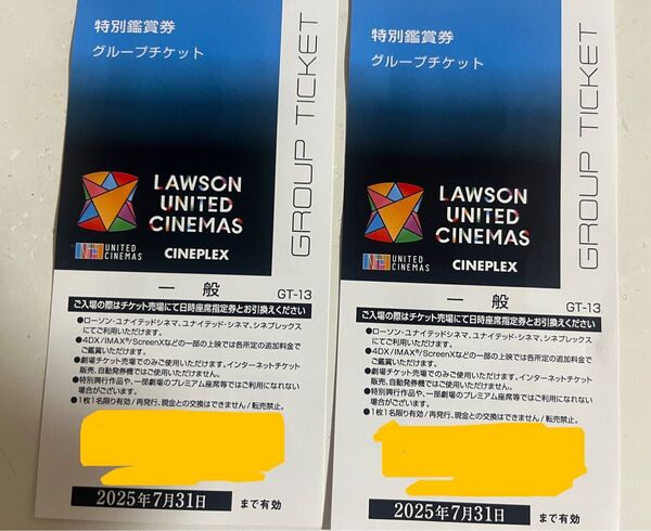 【2枚セット】ユナイテッドシネマ、シネプレックス 特別鑑賞券一般 2枚セット 映画鑑賞券 劇場 チケット