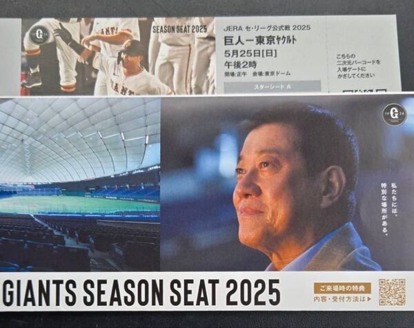 5/25(日) 巨人vsヤクルト ネット裏 スターシートA 1枚 ジャイアンツ チケット