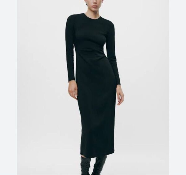 新品ザラ ZARA ロングワンピース ダンボールニット 長袖 ギャザーデザイン