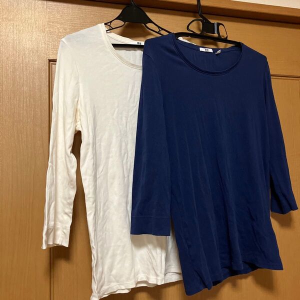 ユニクロ Tシャツ 紺&白 2枚セット 七分袖 L