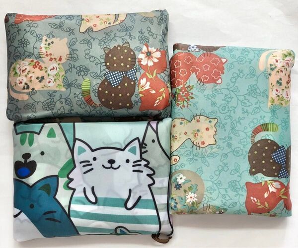大きめのエコバッグ 折りたたみ 便利 買い物袋 エコバック おしゃれ 可愛い 猫柄3袋 男女兼用 プレゼント 緑色