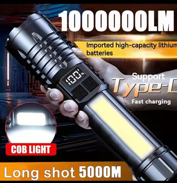 強力なLED懐中電灯,強力なTYPE-C充電式サイドライト,アウトドアキャンプ,ハイキング用のトーチ