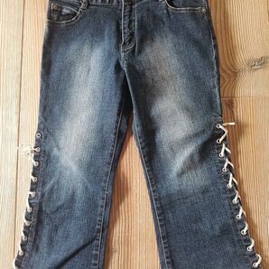 【しまむら140】ハーフ デニムパンツ 裾編み上げ