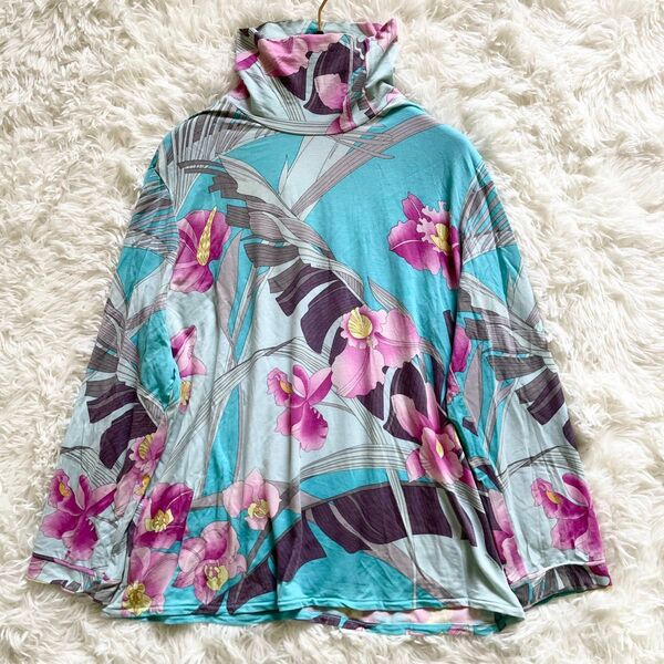 美品 LEONARD レオナール 大きいサイズ2XL ロンT 花柄 ブルー ピンク ハイネック ストレッチ 長袖
