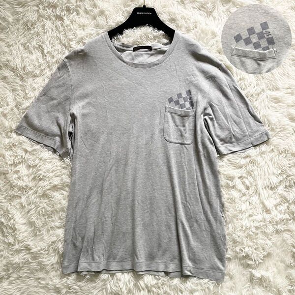 美品 希少サイズ4XL LOUIS VUITTON ルイヴィトン Tシャツ ダミエ柄 胸ポケット グレー 半袖