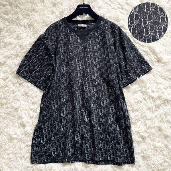 美品 2020ss DIOR HOMME ディオールオム Tシャツ オブリーク 大きいサイズXL 総柄 ネイビー 半袖 トップス
