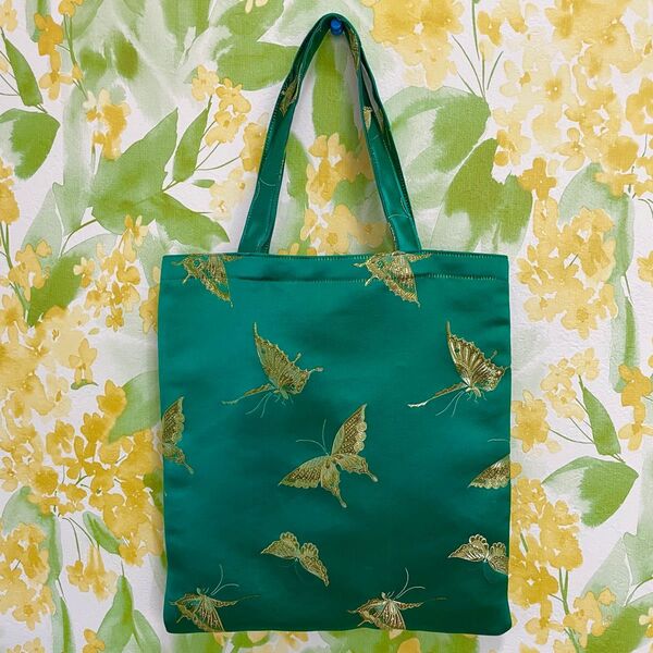 【美品】爽やかサブバッグ おしゃれトートバッグ エメラルドグリーン 蝶 裏地 金 ハンドメイド