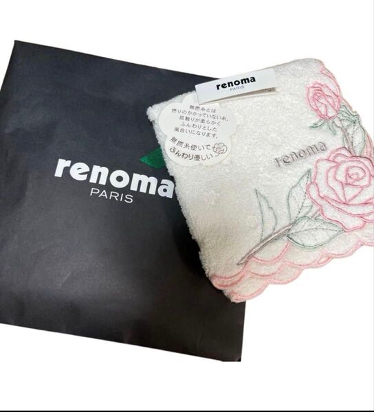 renoma PARIS タオルハンカチ バラ刺繍 ホワイト 未使用