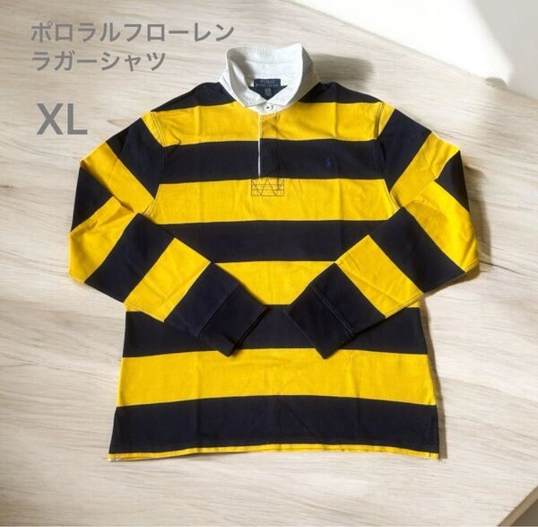 【美品】POLO RALPH LAUREN ポロラルフローレン 長袖 ラガーシャツ XL 太ボーダー イエロー×ネイビー