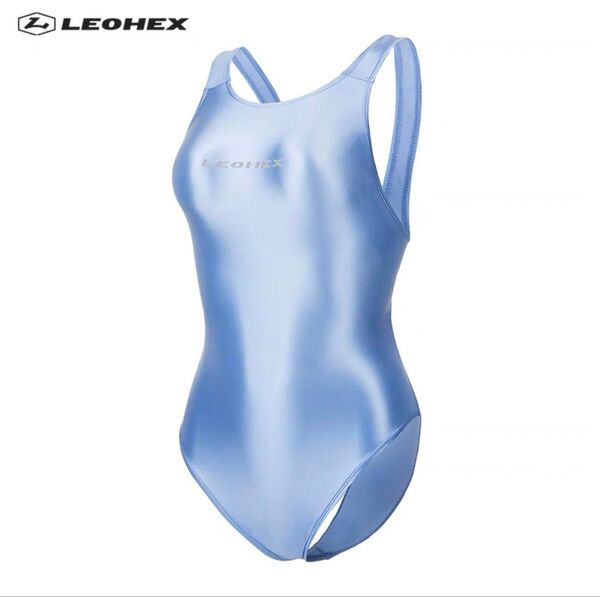 LEOHEX 超光沢 超つるつる ハイレグ レオタード 競泳水着 ライトブルー Lサイズ