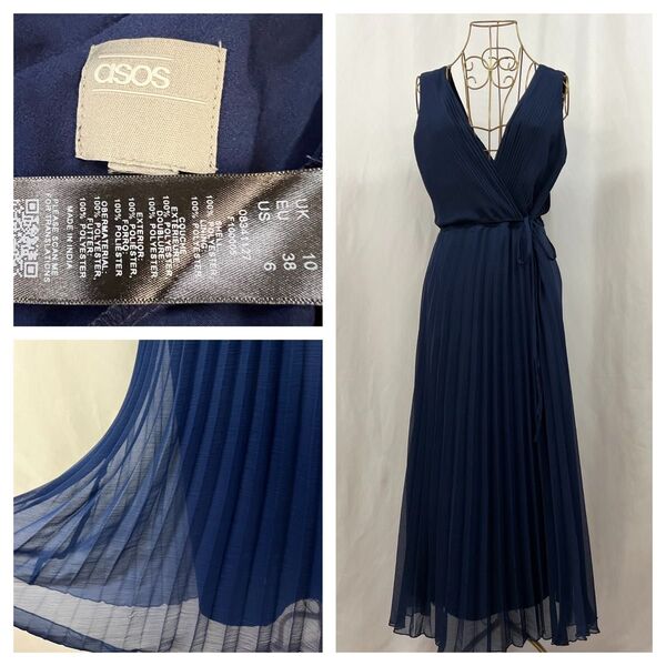 ASOS プリーツ シフォン ロングドレスCOLOUR:Navy サイズ UK10 EU38 US6 (Lサイズ相当)