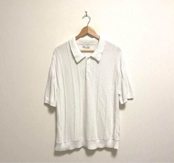XL ZARA サマーニットポロシャツ パイル ストライプ オフホワイト裾リブ