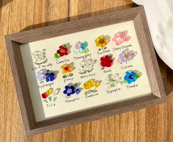 シーグラスアート☆No.97 図鑑 花 置物 欧米 雑貨 ミニチュア さくら ヒーリング バラ ネモフィラ きらきら 華 ハナ