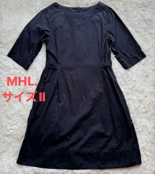マーガレットハウエル MHL. ワンピース 紺 バンドカラー バックボタン ネイビー 5/31〜6/2発送不可m(_ _)m