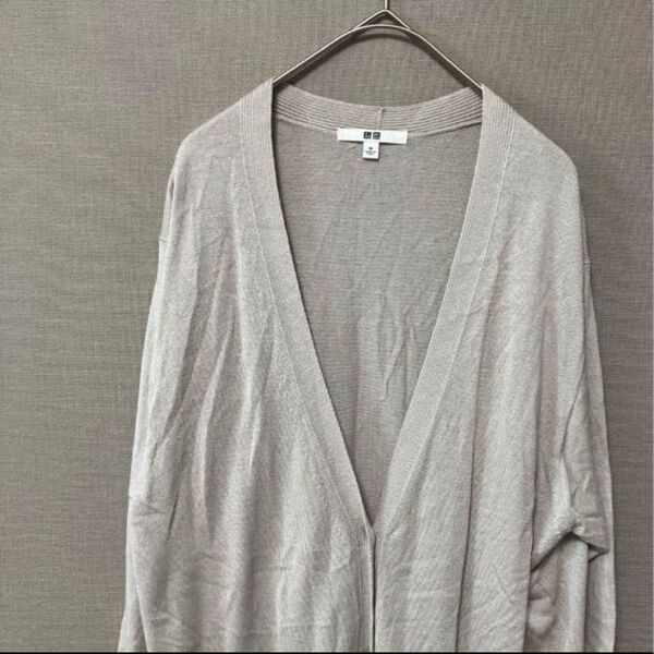 ユニクロ ロングカーディガン(M)シンプルベージュ無地 Vネックポケット有り