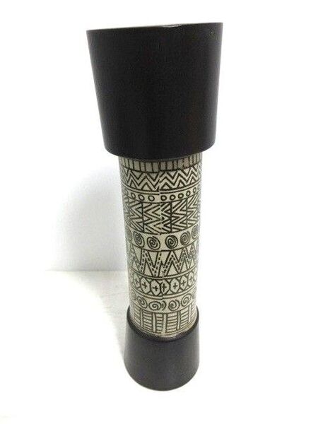 【花瓶/花器④】陶器製フラワーベース 黒/ブラック×幾何学模様 筒型 陶磁器 陶芸 フラワーアレンジメント 昭和レトロ ビンテージ