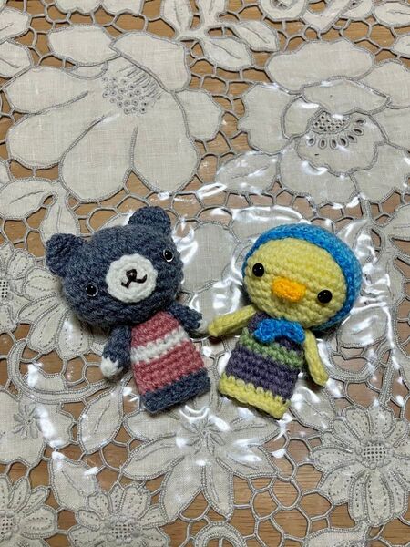 ねことアヒルの指人形 ストラップ可 ハンドメイド