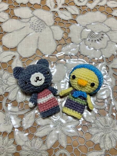 ねことアヒルの指人形 ストラップ可 ハンドメイド