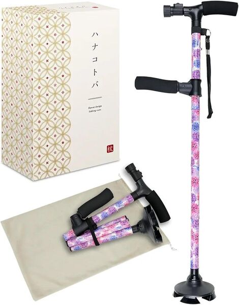 ハナコトバ 杖 4本足 女性用 【訪問看護ステーション共同開発】 LEDライト付き 軽量 約143cm~168cm対応 多点杖