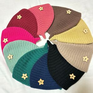 ハンドメイド どんぐり帽子 ニット帽 小人帽子 とんがり帽子 コットン 綿 星 手編み