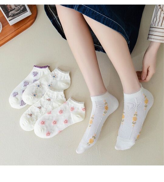 新品 レディースソックス 5足セット 可い花柄くるぶしショートスニーカーソックス まとめ売り女性靴下
