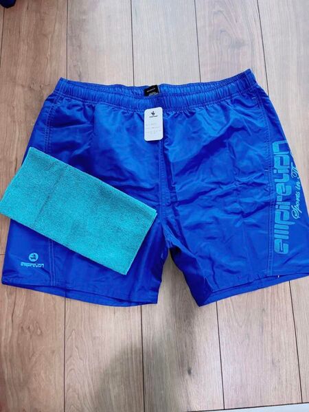 ellesse メンズ水着 スイムウェア 海パン ブルー ショートパンツ ハーフパンツ タオル付き 2XLサイズ