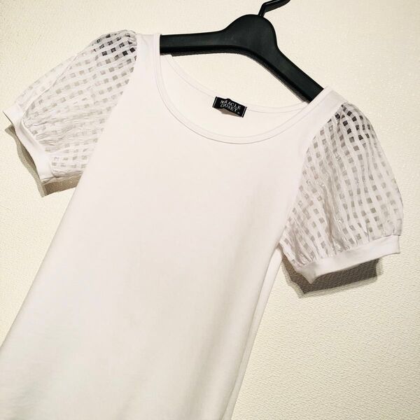 【 Mサイズ 】 ホワイト ギンガムチェック 袖レース Tシャツ 半袖 トップス 白 夏物 チェック パフスリーブ レディース