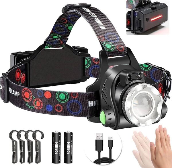 【特価】LEDヘッドライト USB充電式 ヘッドランプ アウトドア用 人感センサー 防水防塵 90°角度調整可