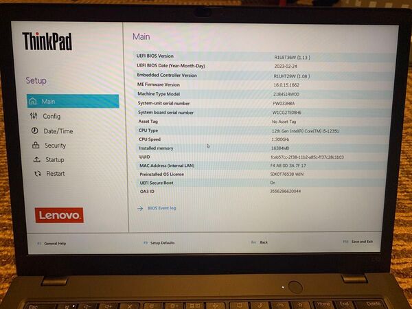 BIOS起動 Lenovo thinkpad L13 Gen3 Core i5 1235U 13.3インチ