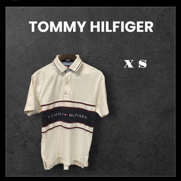 TOMMY HILFIGER トミーヒルフィガー ポロシャツ 胸ロゴ ライン ホワイト メンズ ビンテージ