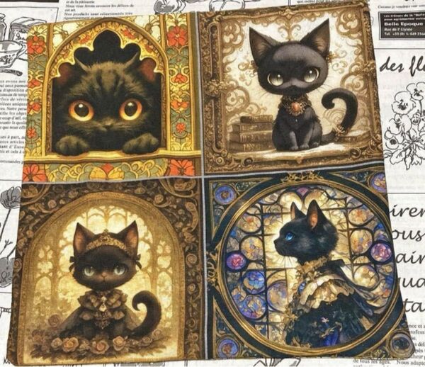 黒猫ちゃんのダブルガーゼハンカチ 猫パネル ハンドメイド