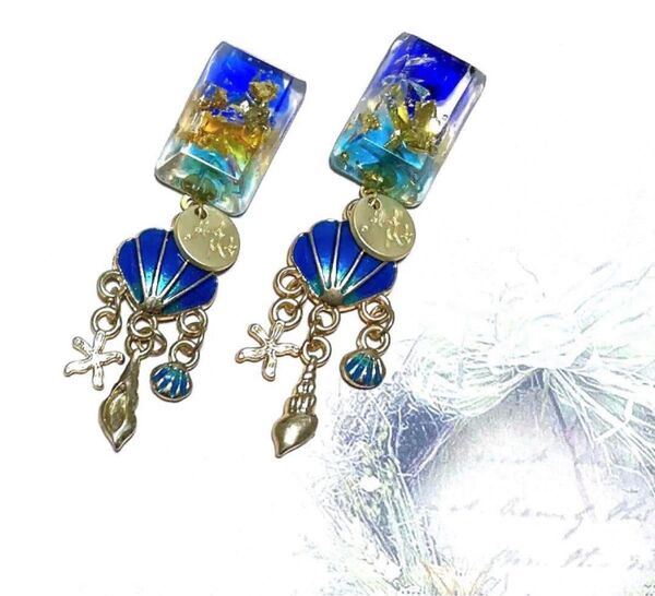 スクエア オリジナルレジンカボション シェル ピアス イヤリング ハンドメイド