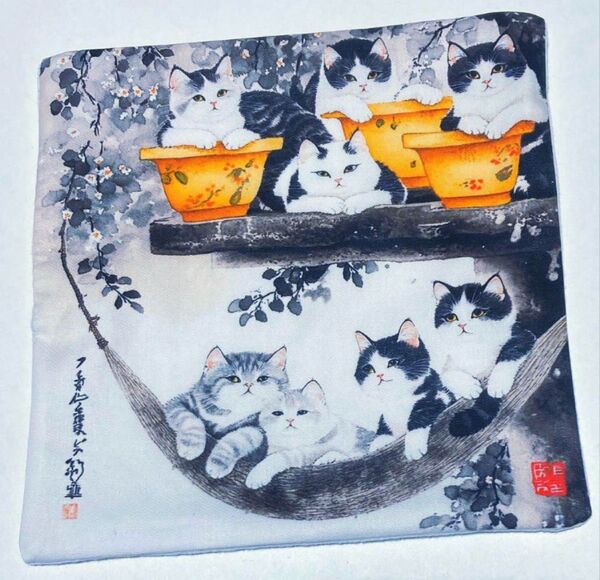ダブルガーゼハンカチ 見つめる猫たち ハンドメイド