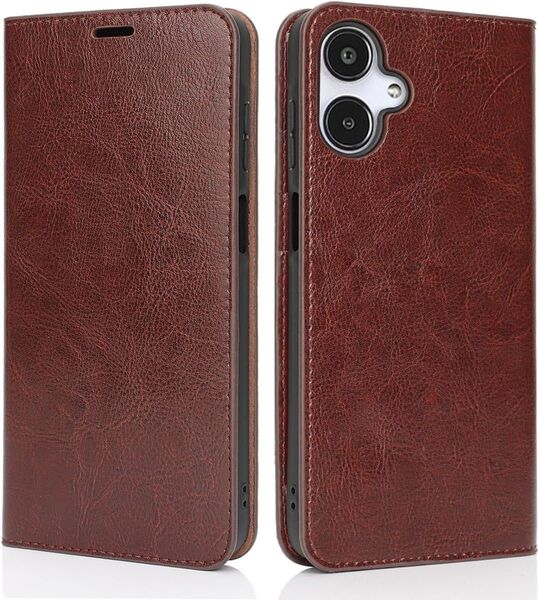 Galaxy A25 5G ケース 本革 手帳型 カバー 磁気不良防止 マグネット無し スマホケース ダークブラウン
