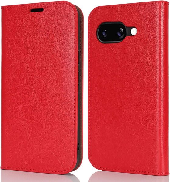 Google Pixel 9a ケース 本革 手帳型 磁気不良防止 マグネット無し 赤