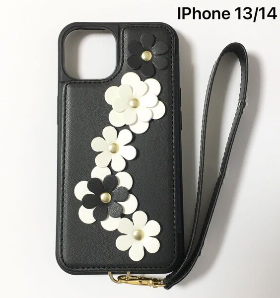 iPhone 13 14 ケース ショルダーストラップ付き おしゃれ デイジー 耐衝撃 黒