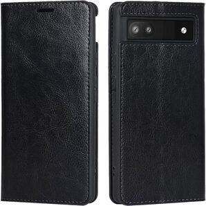 Google Pixel 6a ケース 本革 手帳型 磁気不良防止 マグネット無し 黒
