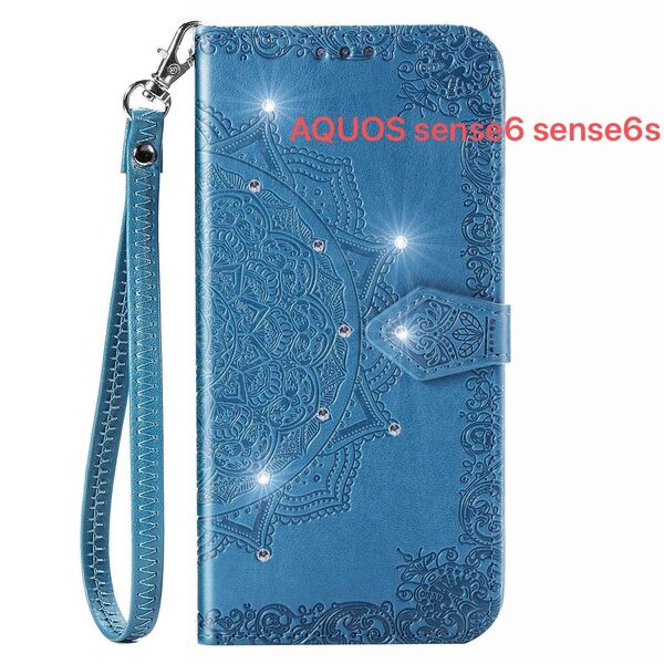 AQUOS sense6 sense6s ケース 手帳型 おしゃれ エンボス ストラップ付き ラインストーン 青