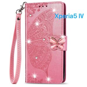Xperia 5 Ⅳ ケース SO-54C SOG09 手帳型 エンボス バタフライビジュー ストラップ付き ピンク
