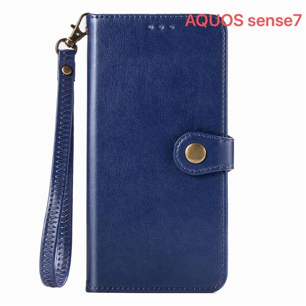 AQUOS sense7 ケース おしゃれ 手帳型 ボタンデザイン ストラップ付き アクオス センス7 紺