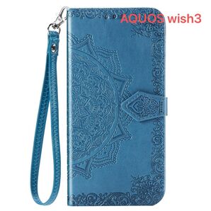 AQUOS wish3 ケース 手帳型 おしゃれ ストラップ付き 青